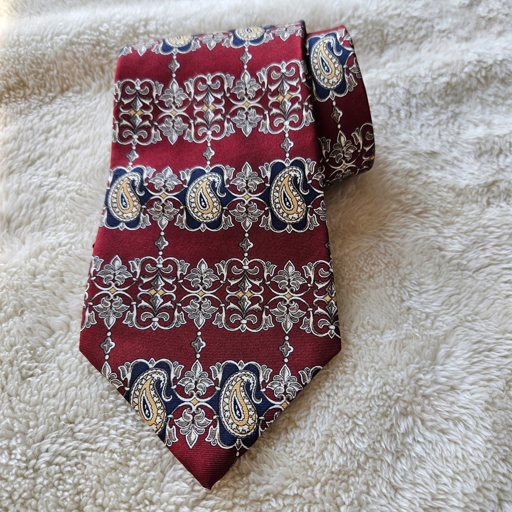Oscar‎ de la Renta Mens Silk Tie Burgundy Red Paisley Baroque Scroll Geometric